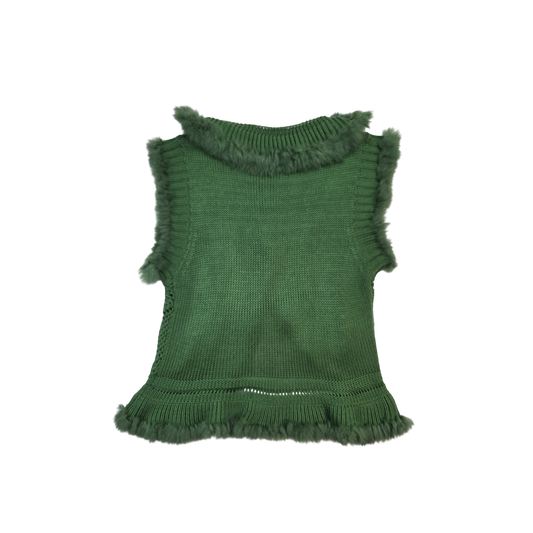Gilet sans manches vert tricot et fourrure