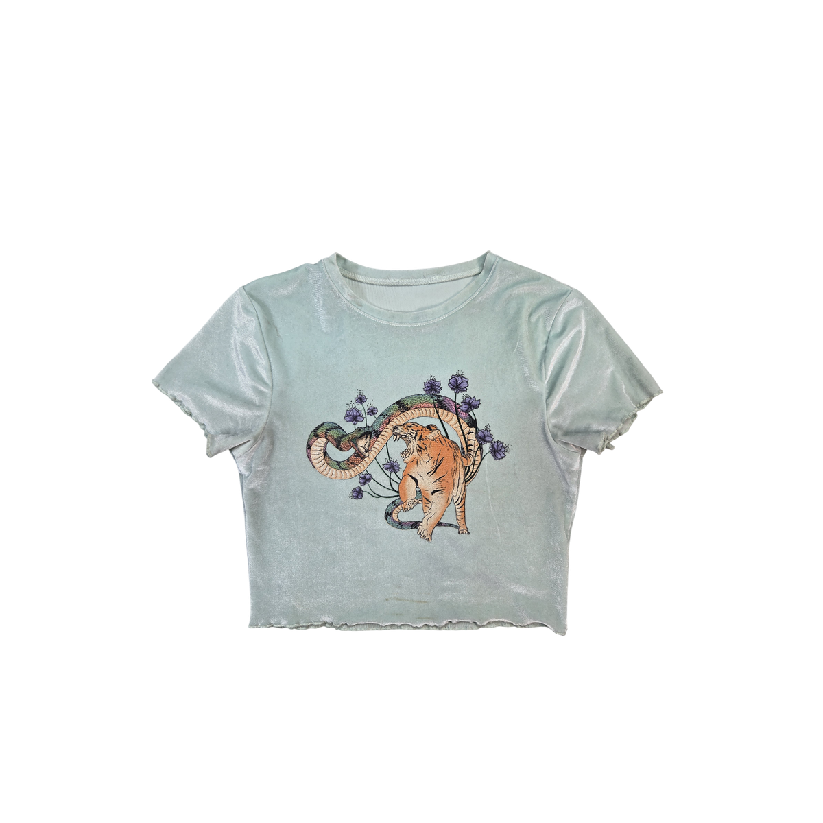 T-shirt court velours vert d'eau tigre serpent