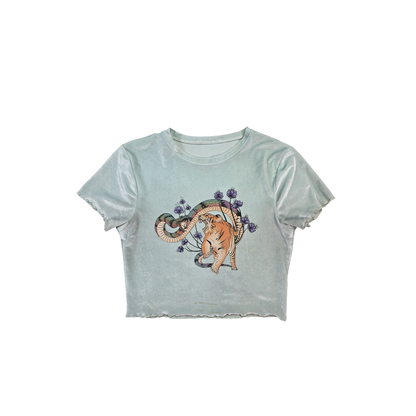 T-shirt court velours vert d'eau tigre serpent