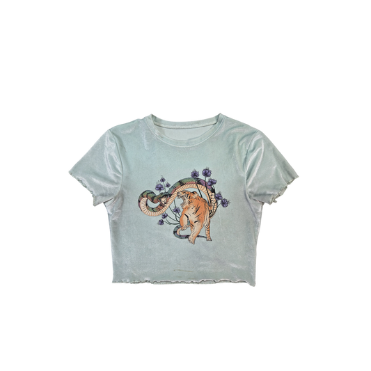 T-shirt court velours vert d'eau tigre serpent