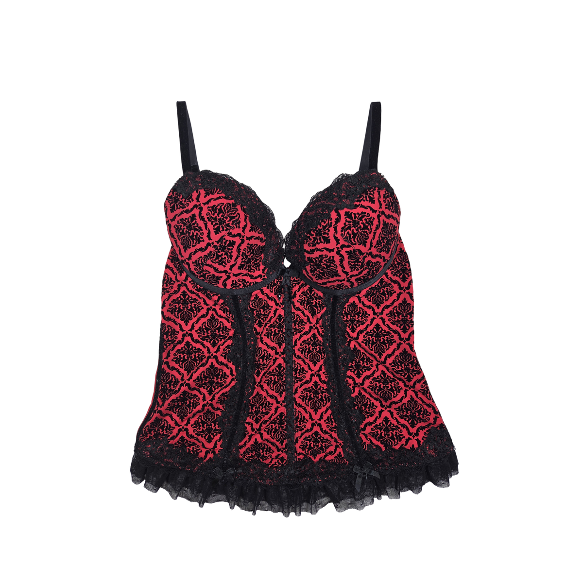 Corset bustier rouge et noir motif baroque