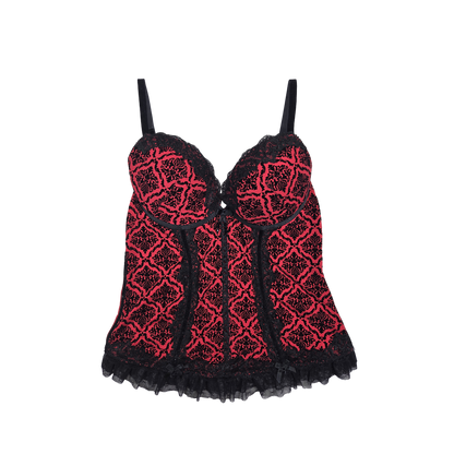 Corset bustier rouge et noir motif baroque