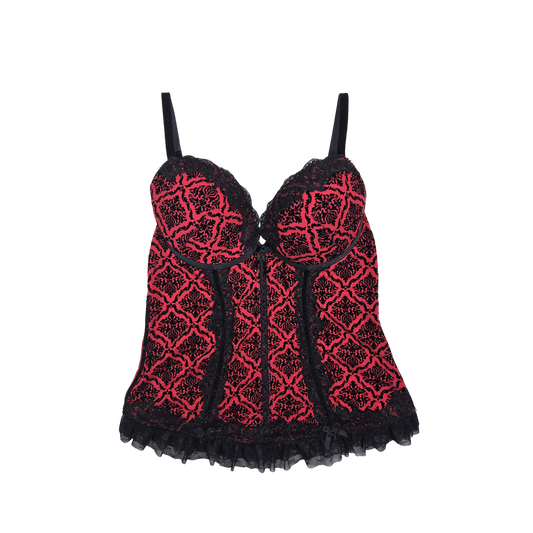 Corset bustier rouge et noir motif baroque