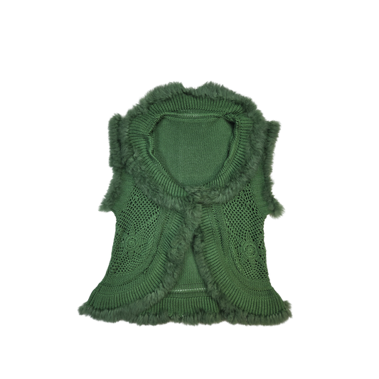 Gilet sans manches vert tricot et fourrure