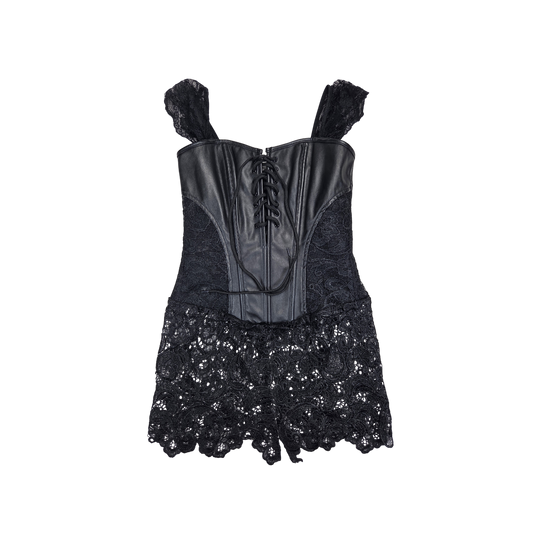 Robe corset noire simili cuir dentelle
